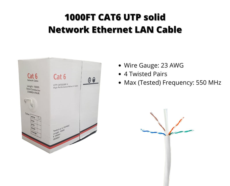 1000 Feet Cat6 UTP Solid Network Ethernet LAN Cable, RJ45 Ethernet Cable Crimping Tool and 10 PCS RJ45 Network Cable Modular Plug CAT5/6 FTP Connectors End Pass Through Lot