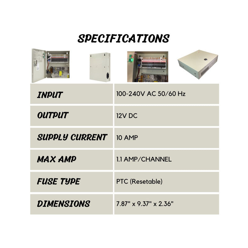 EV-PB18-10P 18 Channel 12V DC 10A Amp Power Supply Distribution Box for CCTV DVR Security Camera