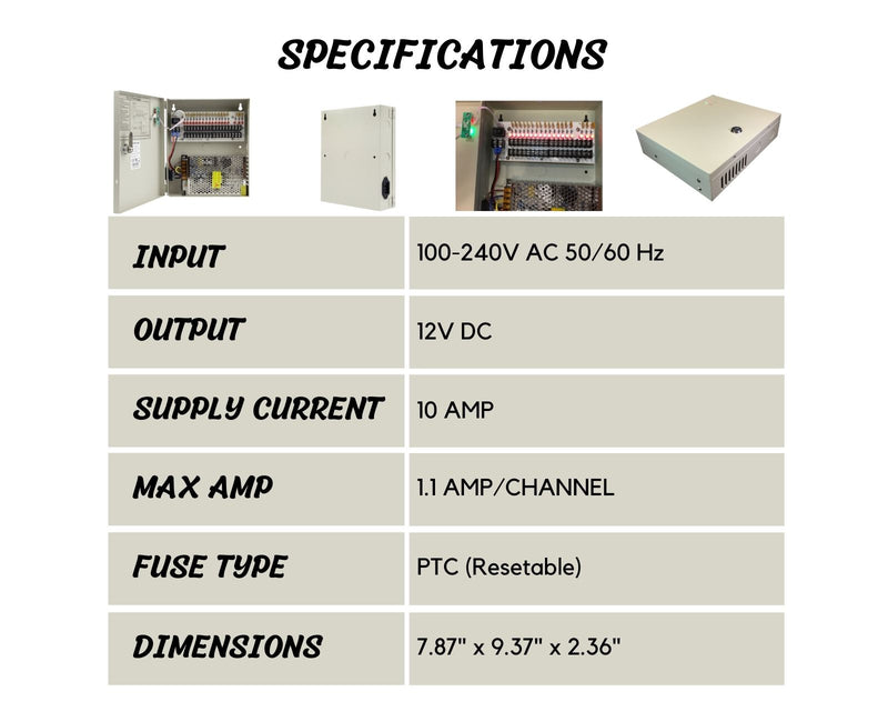 EV-PB18-10P Power Box - 18 Ch Channel 12 Volt DC Output CCTV Distributed Power Supply Box with 18pcs DC Male Pigtail