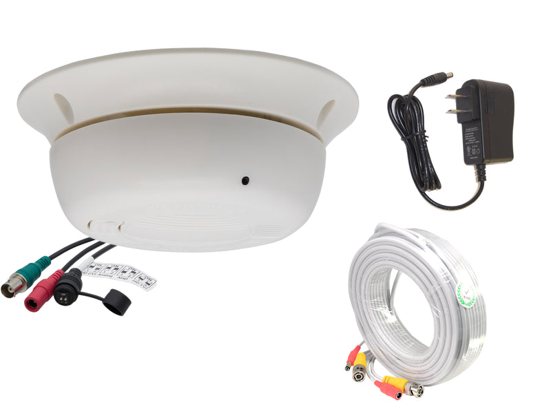 1080P HD TVI, AHD, CVI AND ANALOG, Indoor 3.7mm Fixed Iris Wide Angle smoke detector style hidden security camera with power adapter and 100ft cable