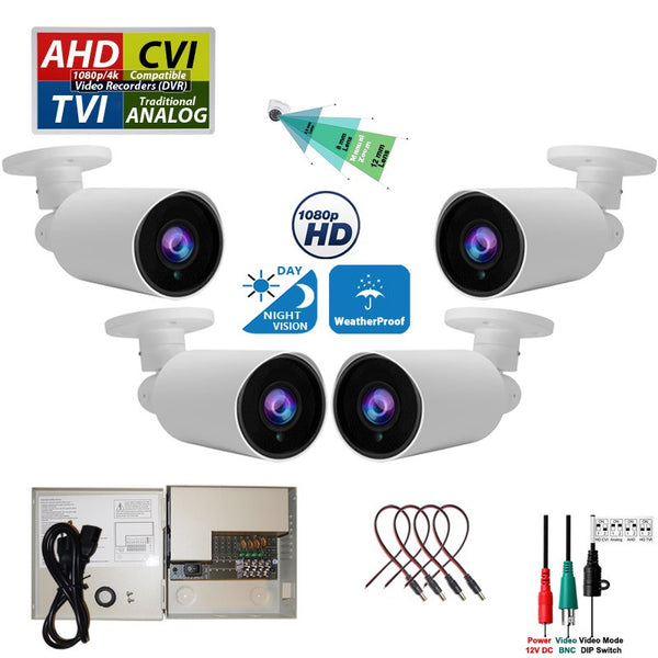 4 pcs. Evertech 1080P HD TVI AHD CVI Day Night Vision Indoor Outdoor CCTV Bullet Security Camera with 4 Channel Power Supply box