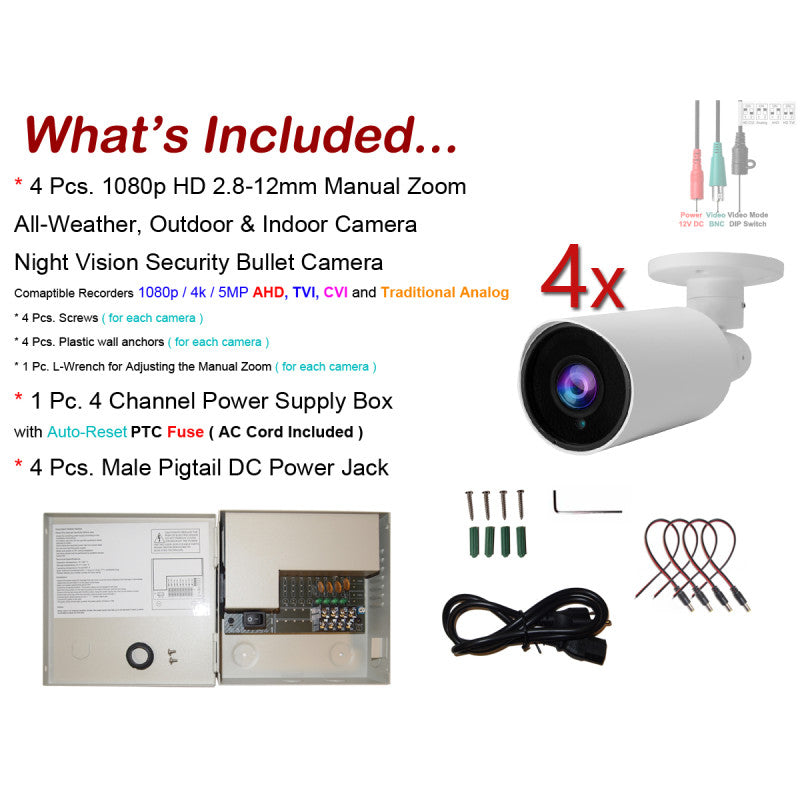 4 pcs. Evertech 1080P HD TVI AHD CVI Day Night Vision Indoor Outdoor CCTV Bullet Security Camera with 4 Channel Power Supply box