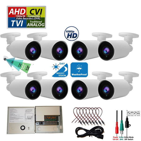 8 pcs. Evertech 1080P HD TVI AHD CVI Day Night Vision Indoor Outdoor CCTV Bullet Security Camera with 9 Channel Power Supply box