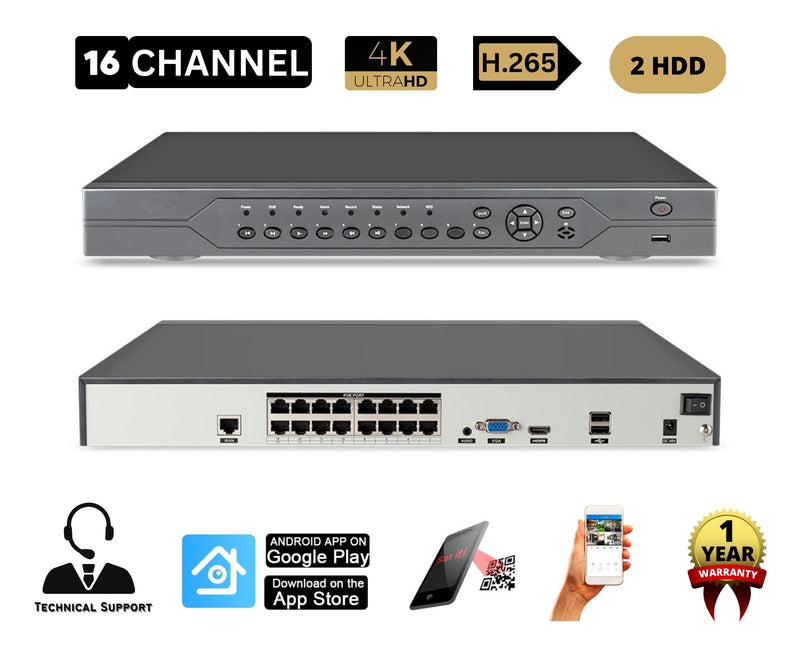 16 Channel 8TB H.265 HD 4K 8MP Network Video Recorder with 12 PoE IP Security Cameras with Audio (No Cables)