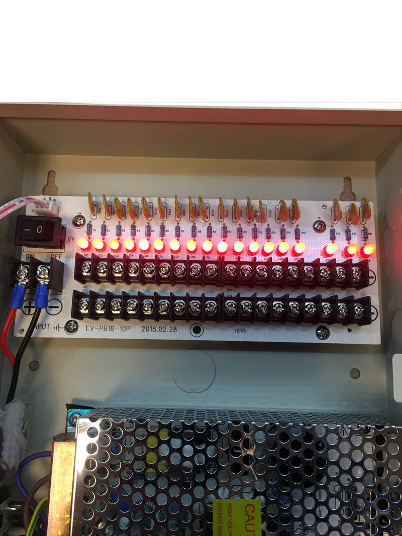 EV-PB18-10P Power Box - 18 Ch Channel 12 Volt DC Output CCTV Distributed Power Supply Box with 18pcs DC Male Pigtail