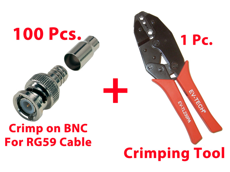 100 Pcs. Professional RG59 / BNC Male Crimp-On Connector with Crimping Tool
