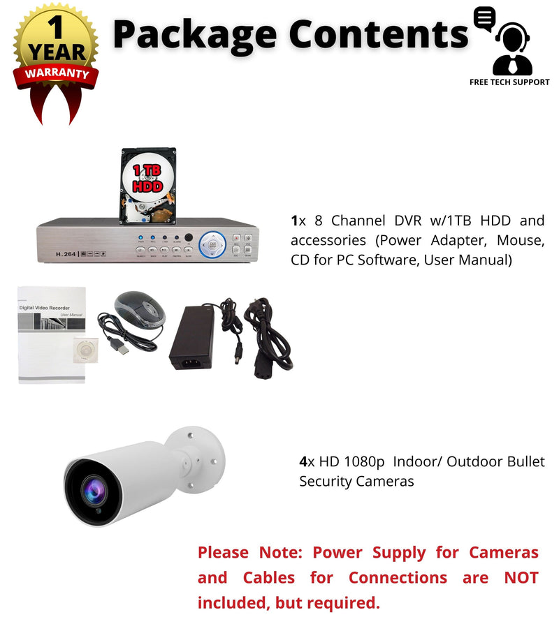 8 Channel HD Surveillance System w/ H.264 DVR and 4pcs. 1080P Manual Zoom Adjustable Lens Bullet CCTV Security Camera w/ 1TB Hard Drive for recording