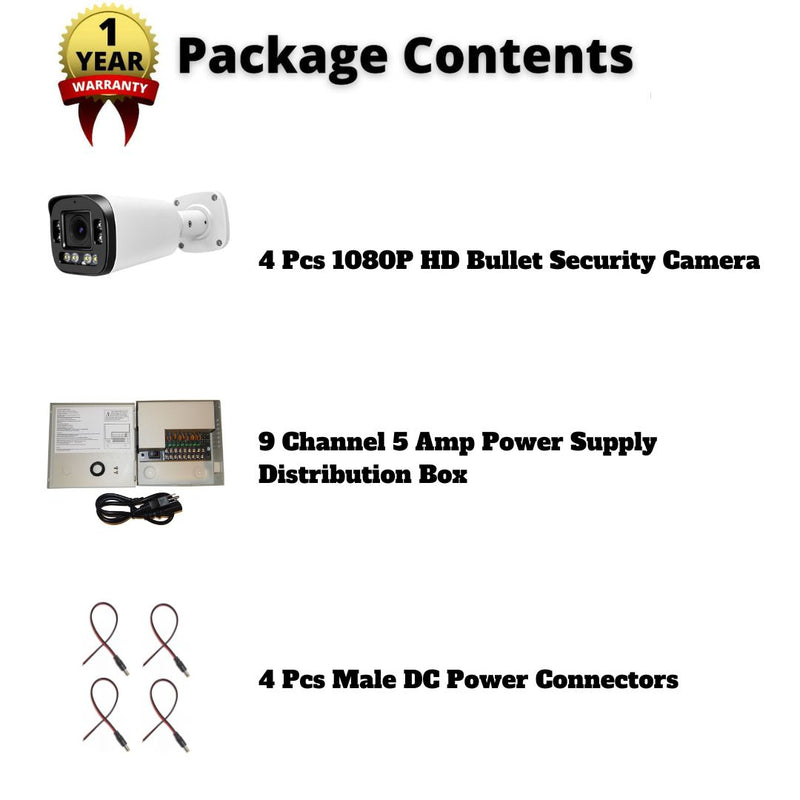 4 pcs. Evertech 1080P HD TVI AHD CVI Day Night Vision Indoor Outdoor CCTV Bullet Security Camera with 4 Channel Power Supply box